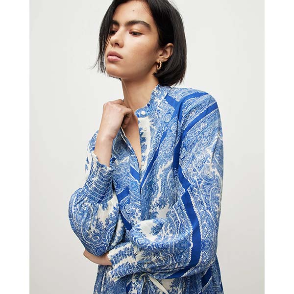 Allsaints Australia Womens Skylar Rafaela Silk Linen Midi Dress Blue AU97-142